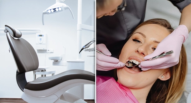 Dental Office Chair And Woman At The Dentist Collage